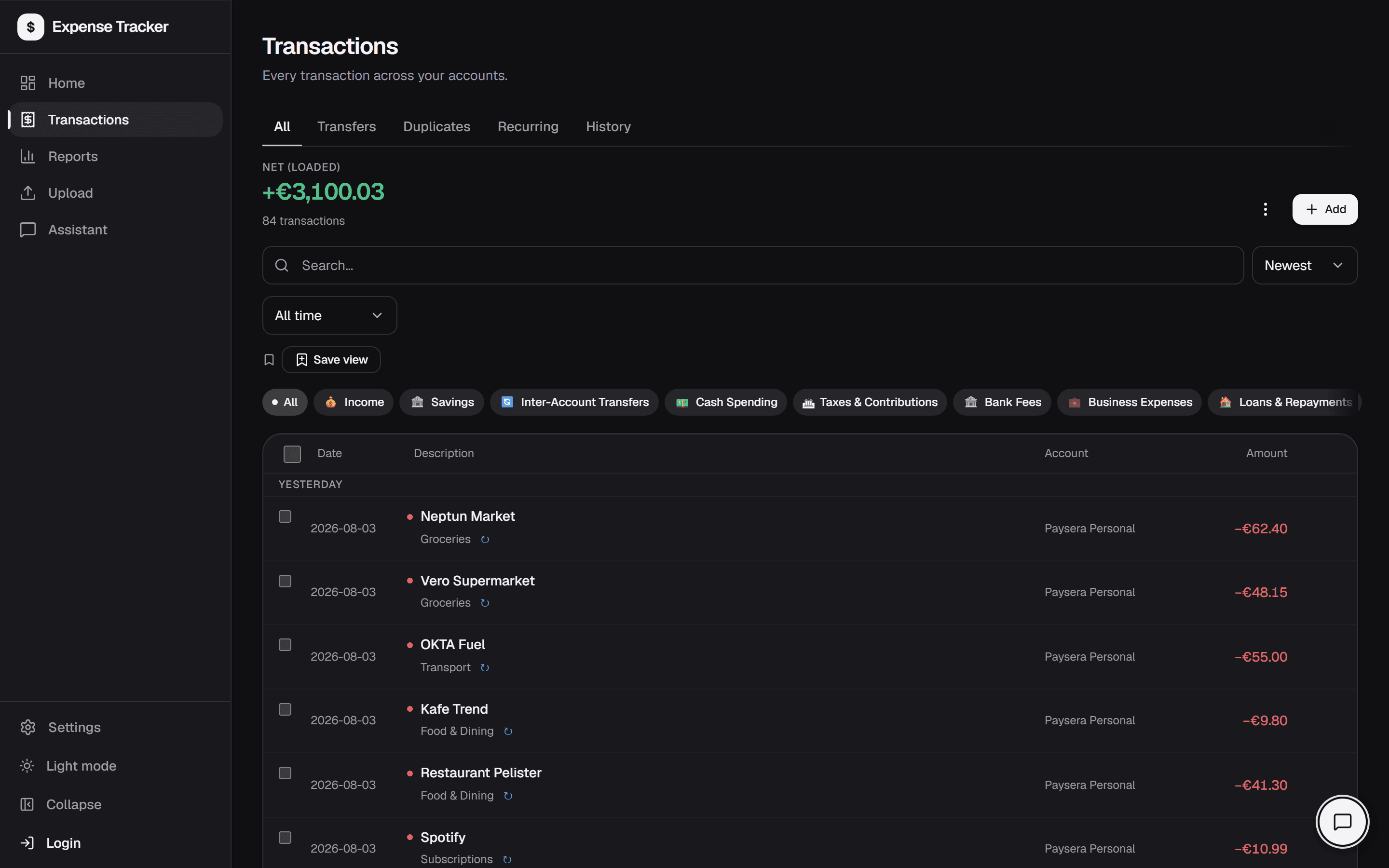 The transactions list, every row carrying a category and an account