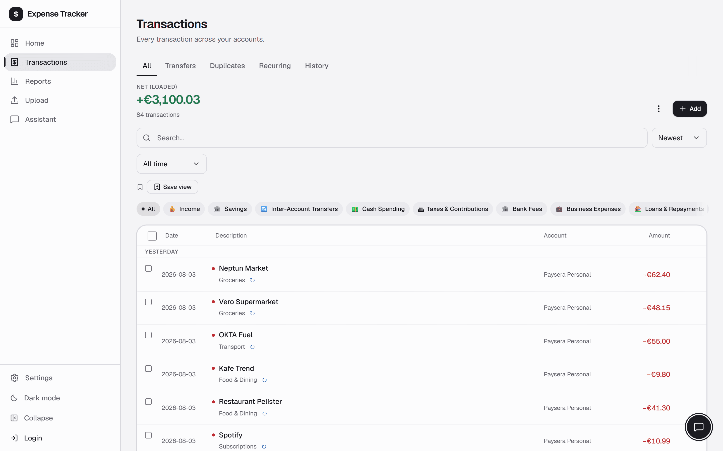 The transactions list, every row carrying a category and an account