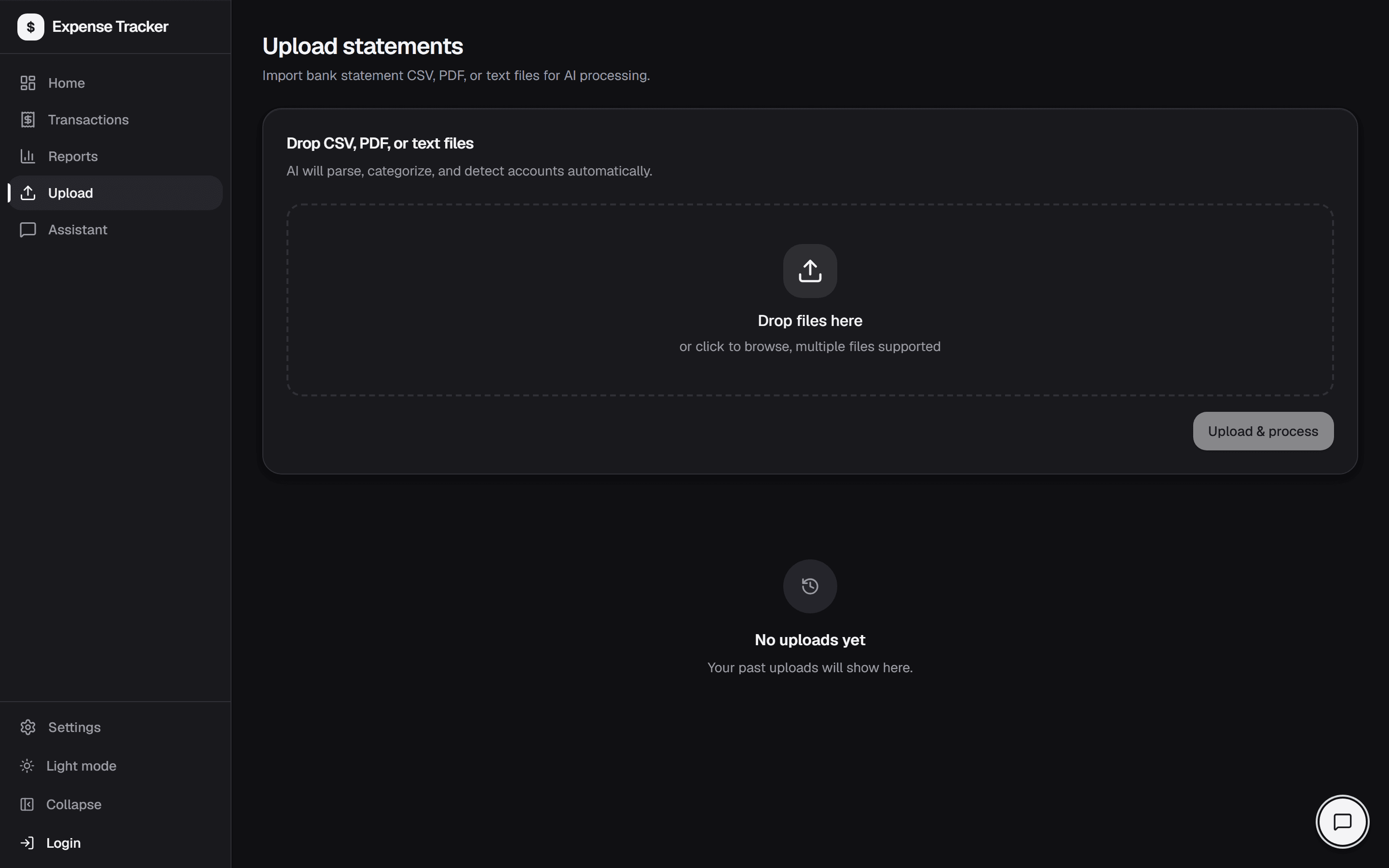 The upload screen, with a drop target for bank statement files