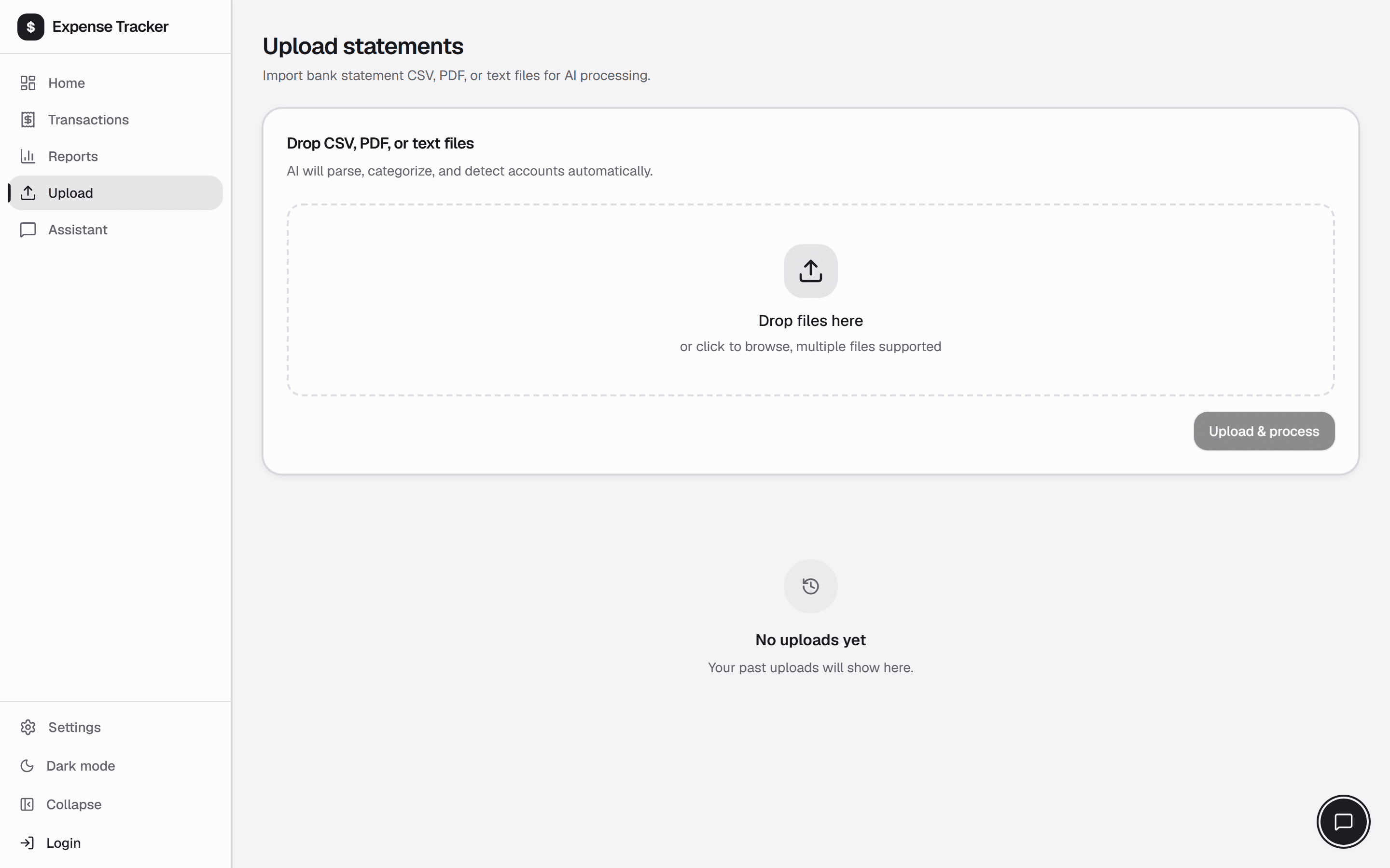 The upload screen, with a drop target for bank statement files